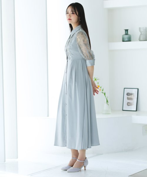 シャツ襟刺繍Aラインドレス 二次会 食事会 セレモニー 発表会