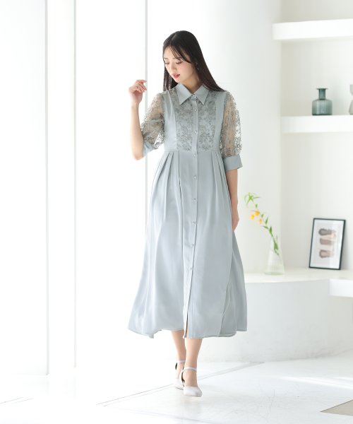 シャツ襟刺繍Aラインドレス 二次会 食事会 セレモニー 発表会