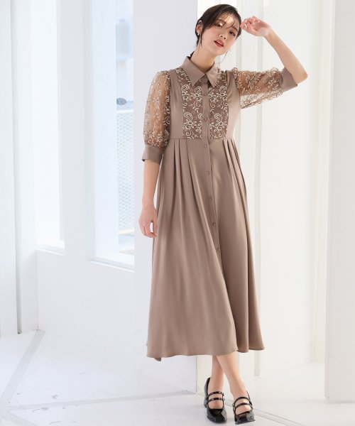 シャツ襟刺繍Aラインドレス 二次会 食事会 セレモニー 発表会