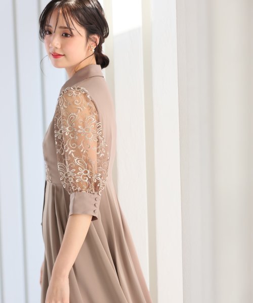 シャツ襟刺繍Aラインドレス 二次会 食事会 セレモニー 発表会