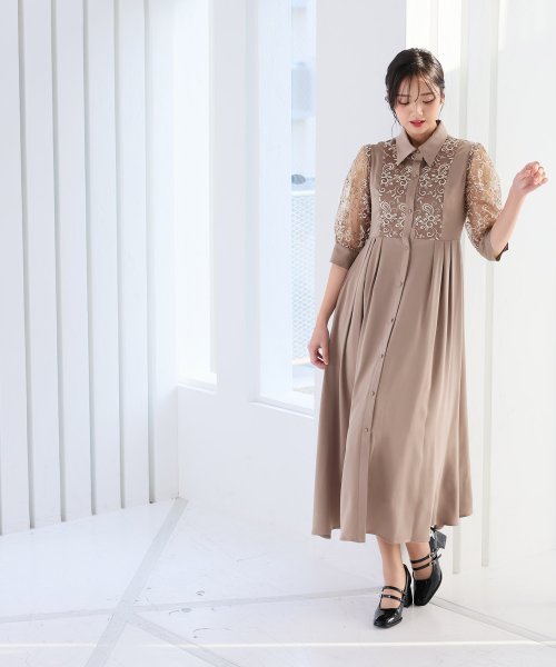 シャツ襟刺繍Aラインドレス 二次会 食事会 セレモニー 発表会