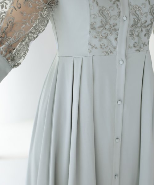 シャツ襟刺繍Aラインドレス 二次会 食事会 セレモニー 発表会