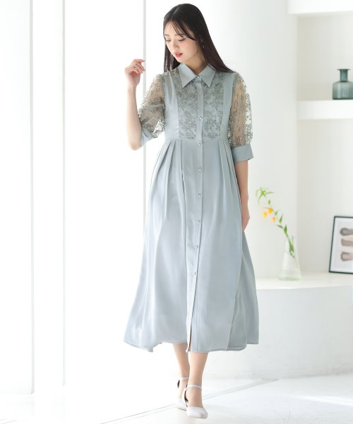 シャツ襟刺繍Aラインドレス 二次会 食事会 セレモニー 発表会