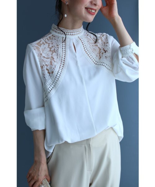 CAWAII(カワイイ)/【ドレスな立ち襟】肩を飾る魅力的シアーレースのきれいめブラウストップス（ホワイト）/img20