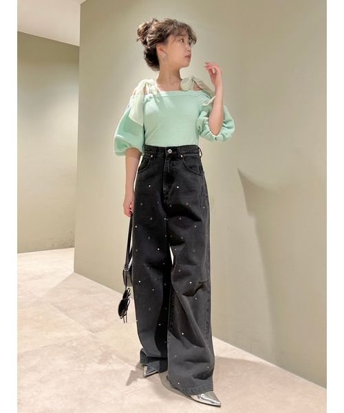 【WEB限定00サイズあり】[L.B CANDY STOCK]ハートビジューワイドデニムパンツ 予めご了承ください