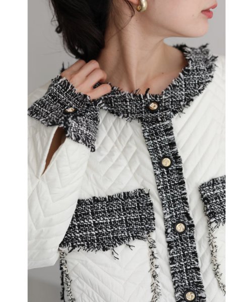 引き立て合うキルティングとツイードのマリアージュブルゾン 