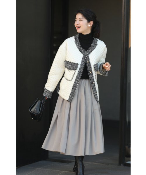 引き立て合うキルティングとツイードのマリアージュブルゾン 