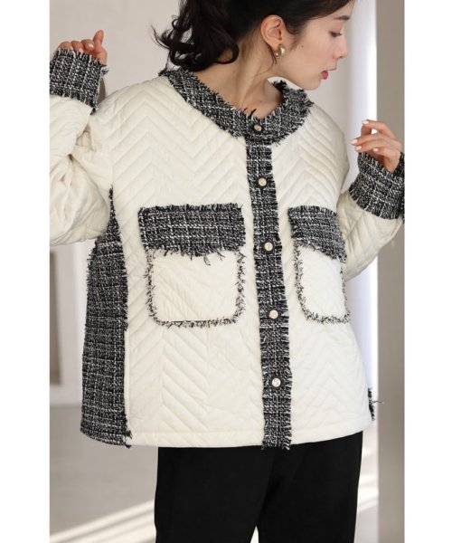 引き立て合うキルティングとツイードのマリアージュブルゾン 