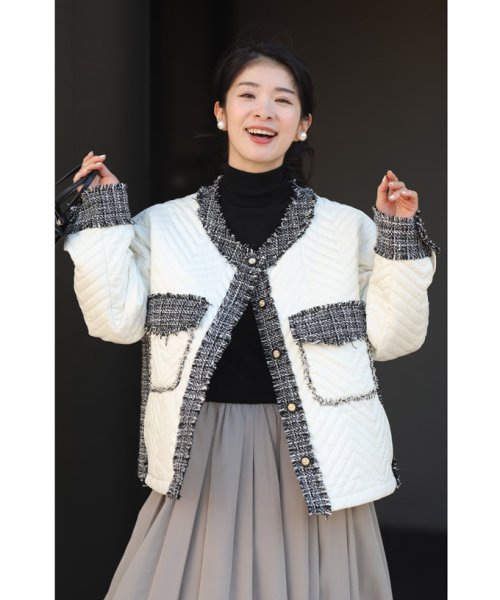 引き立て合うキルティングとツイードのマリアージュブルゾン 