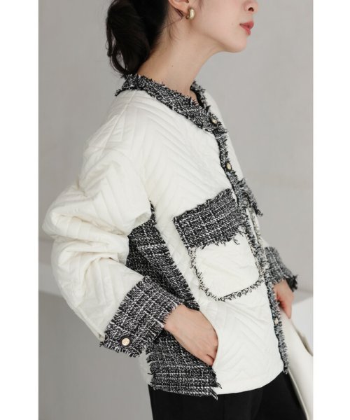 引き立て合うキルティングとツイードのマリアージュブルゾン 