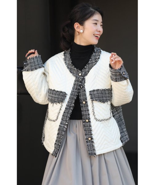 引き立て合うキルティングとツイードのマリアージュブルゾン 
