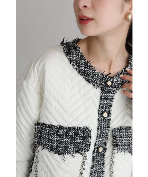 引き立て合うキルティングとツイードのマリアージュブルゾン 