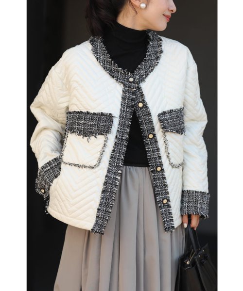 引き立て合うキルティングとツイードのマリアージュブルゾン 