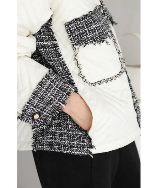 引き立て合うキルティングとツイードのマリアージュブルゾン 