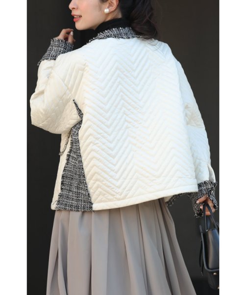 引き立て合うキルティングとツイードのマリアージュブルゾン 