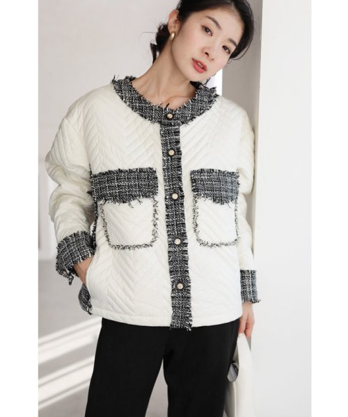 引き立て合うキルティングとツイードのマリアージュブルゾン 