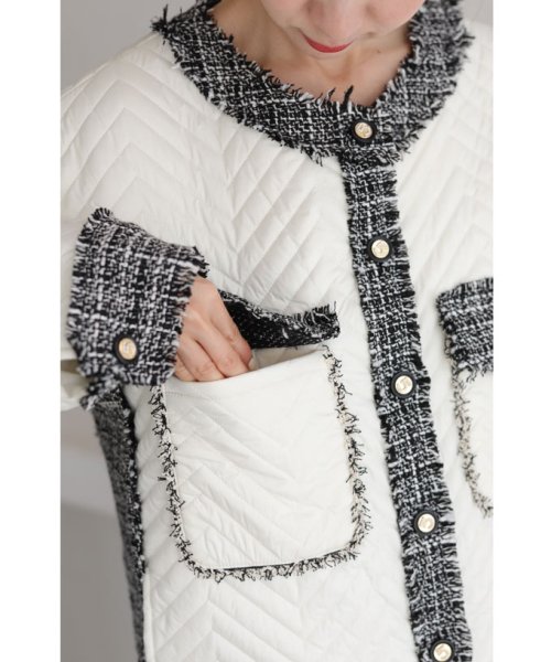 引き立て合うキルティングとツイードのマリアージュブルゾン 