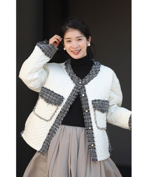 引き立て合うキルティングとツイードのマリアージュブルゾン 