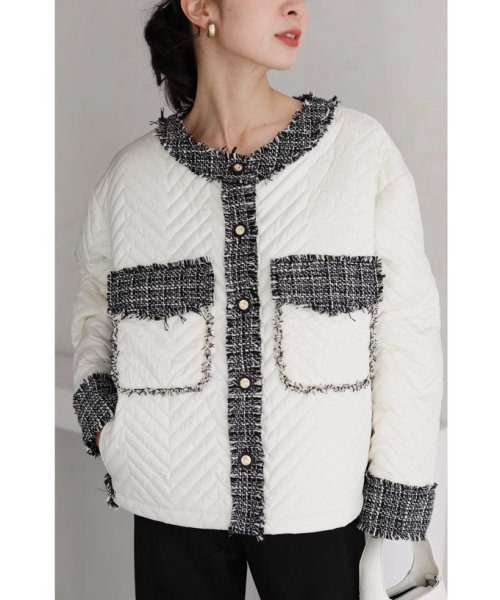 引き立て合うキルティングとツイードのマリアージュブルゾン 