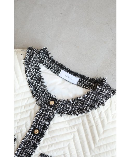 引き立て合うキルティングとツイードのマリアージュブルゾン 