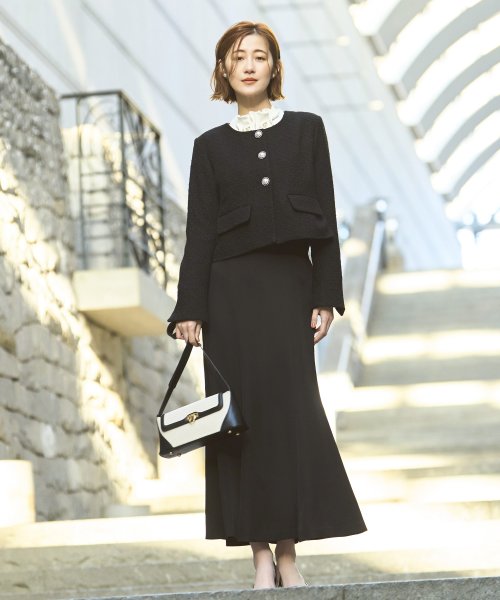 【選べるスカートシルエット】ツイードジャケット＆フレア/マーメイドスカートセットアップスーツ(SU1329) ジャケット 選べるスカートシルエット ツイードジャケット＆フレア/マーメイドスカートセットアップスーツ SU1329 7号 9号 11号 13号 15号 スカート Skirt ITEMはこちらAtype：トップス Btype：トップス 開き具開き具は左脇のファスナー ホックです ウエストゴム後ろウエストはゴム仕様で楽な着心地です 総丈/ウエスト/ヒップS 表　地：ポリエステル 3％裏　地：ポリエステル 100％ ポリエステル 95％　ポリウレタン