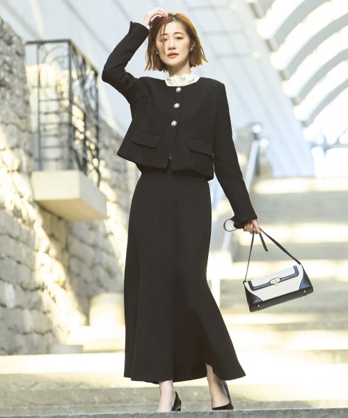 【選べるスカートシルエット】ツイードジャケット＆フレア/マーメイドスカートセットアップスーツ(SU1329) ジャケット 選べるスカートシルエット ツイードジャケット＆フレア/マーメイドスカートセットアップスーツ SU1329 7号 9号 11号 13号 15号 スカート Skirt ITEMはこちらAtype：トップス Btype：トップス 開き具開き具は左脇のファスナー ホックです ウエストゴム後ろウエストはゴム仕様で楽な着心地です 総丈/ウエスト/ヒップS 表　地：ポリエステル 3％裏　地：ポリエステル 100％ ポリエステル 95％　ポリウレタン