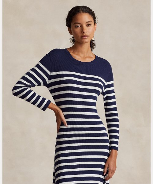 ストライプド ワッフルニット ドレス 