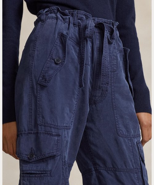 リネンブレンド ツイル カーゴ パンツ テーパードフィット ドローストリング付きカフス