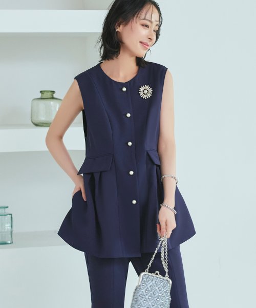 パールボタンジレ＆スリムストレートパンツ(SU1341) パンツ SU1341 ジレ ITEMブラウス パールボタンジレ＆スリムストレートパンツ ブラック ジ　レ 7号 9号 11号 13号 15号 I1386939737(10596円)