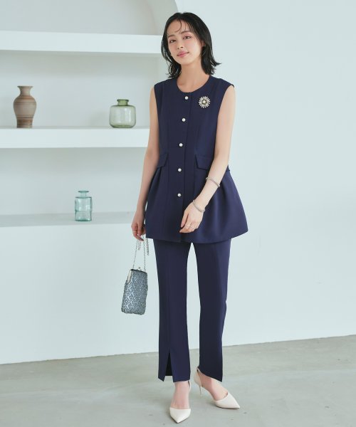 パールボタンジレ＆スリムストレートパンツ(SU1341) パンツ SU1341 ジレ ITEMブラウス パールボタンジレ＆スリムストレートパンツ ブラック ジ　レ 7号 9号 11号 13号 15号 I1386939737(10596円)