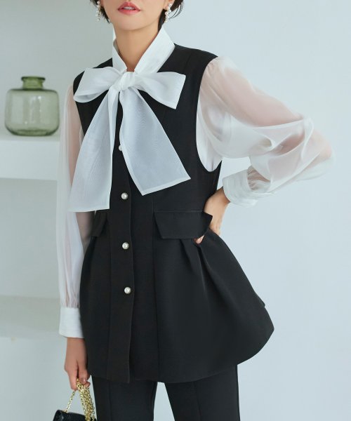 パールボタンジレ＆スリムストレートパンツ(SU1341) パンツ SU1341 ジレ ITEMブラウス パールボタンジレ＆スリムストレートパンツ ブラック ジ　レ 7号 9号 11号 13号 15号 I1386939737(10596円)