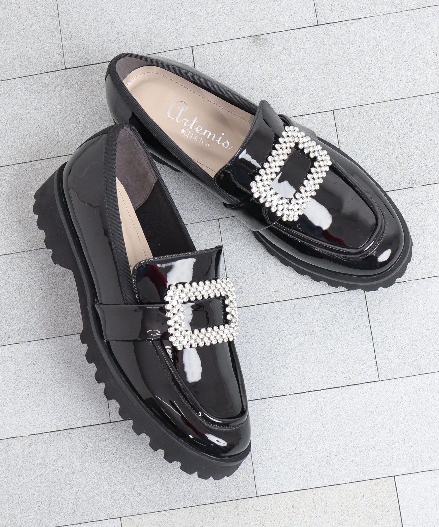 販売 オンラインシューズ - ビジューバックル厚底ローファー