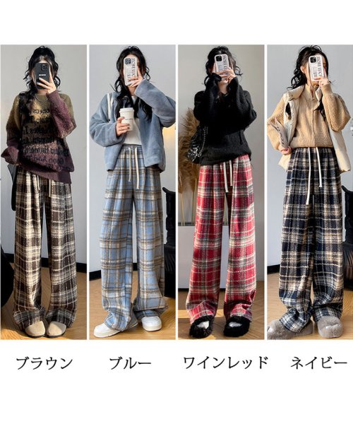 shoppinggo(ショッピングゴー)/チェック柄パンツ ワイドパンツ 裏起毛パンツ レディース ストレート ウエストゴム パンツ ズボン ゆったり リラックスパンツ/img02