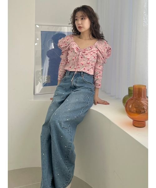 【WEB限定00サイズあり】[L.B CANDY STOCK]ハートビジューワイドデニムパンツ 予めご了承ください