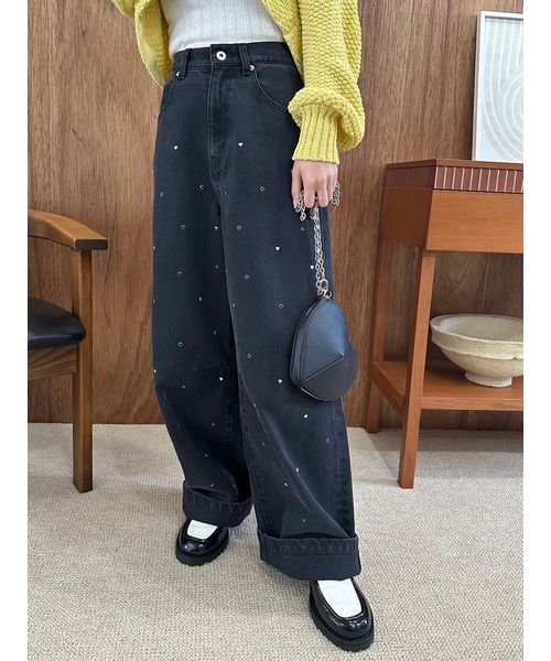 【WEB限定00サイズあり】[L.B CANDY STOCK]ハートビジューワイドデニムパンツ 予めご了承ください