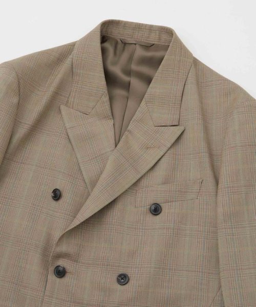 LB.01/ウールチェックダブルブレスト6Bブレザージャケット LB 高い釦位置 低いゴージライン タテ糸とヨコ糸を異番手にすることで