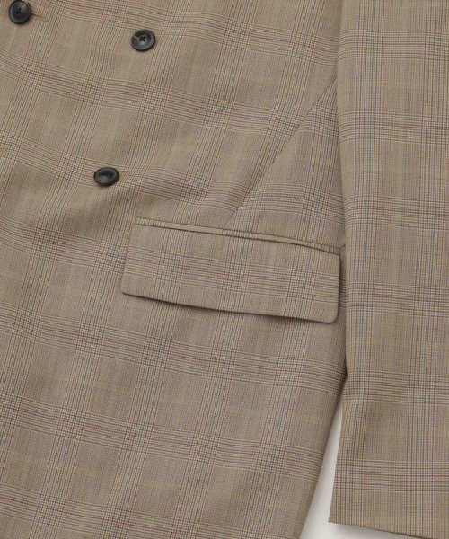 LB.01/ウールチェックダブルブレスト6Bブレザージャケット LB 高い釦位置 低いゴージライン タテ糸とヨコ糸を異番手にすることで