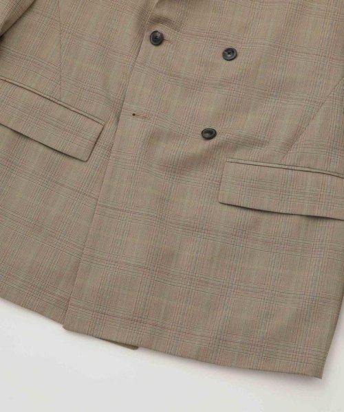 LB.01/ウールチェックダブルブレスト6Bブレザージャケット LB 高い釦位置 低いゴージライン タテ糸とヨコ糸を異番手にすることで