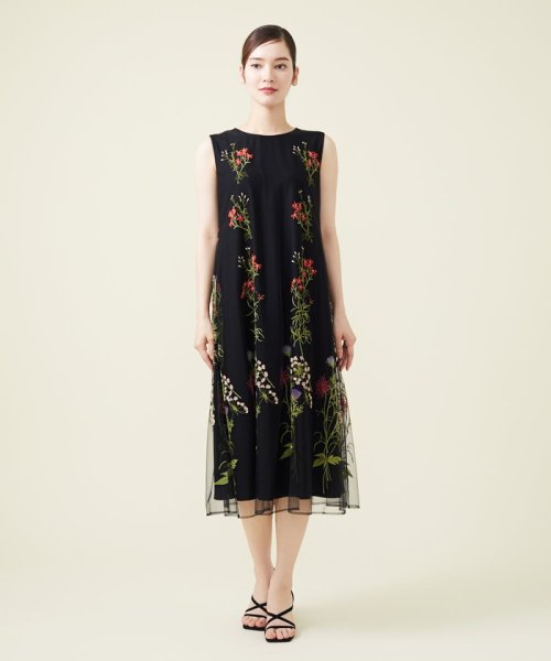 フラワー刺繍チュールノースリーブドレス 