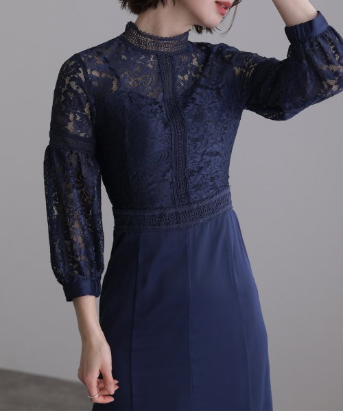 レース×サテン切替ワンピース 