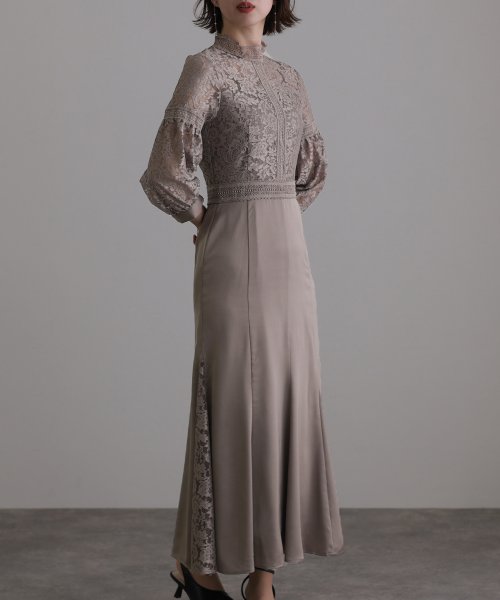 レース×サテン切替ワンピース 