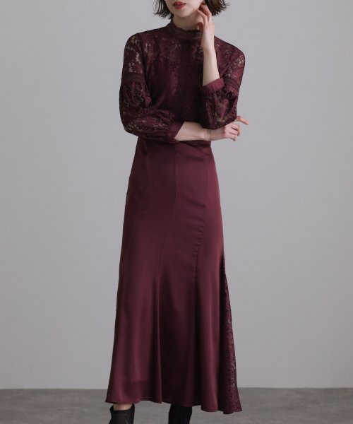 レース×サテン切替ワンピース 