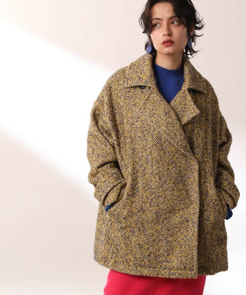 へリンボーンツイードミドル丈ビッグコート 