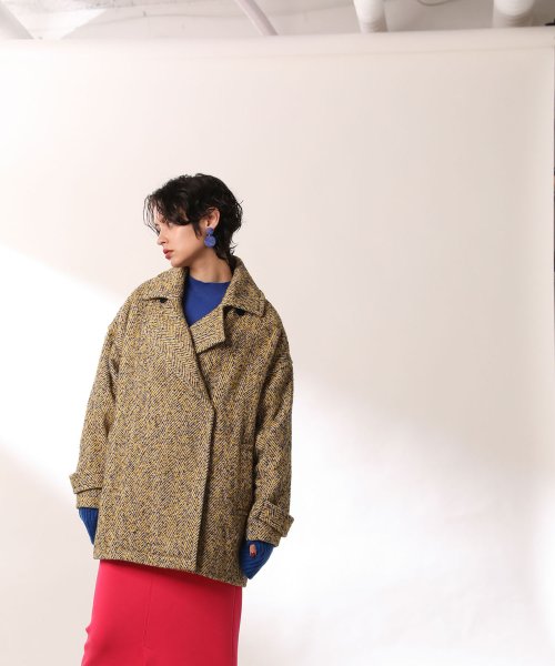 へリンボーンツイードミドル丈ビッグコート 