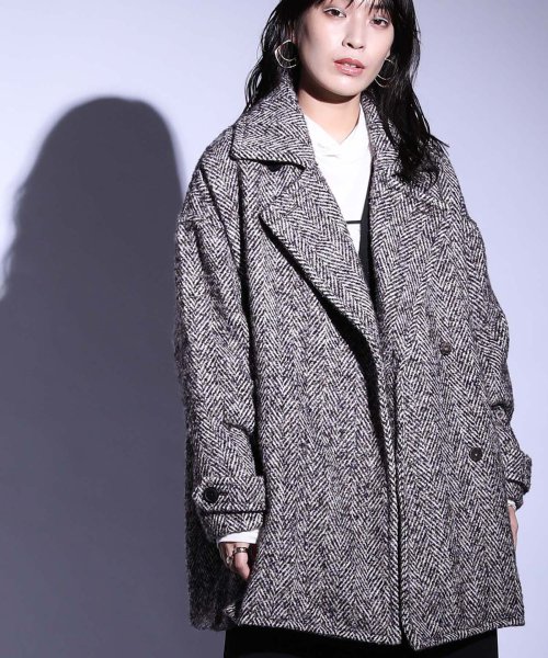 へリンボーンツイードミドル丈ビッグコート 