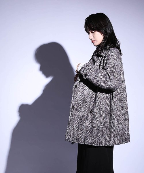 へリンボーンツイードミドル丈ビッグコート 