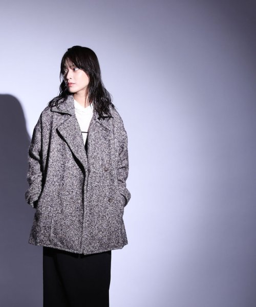 へリンボーンツイードミドル丈ビッグコート 