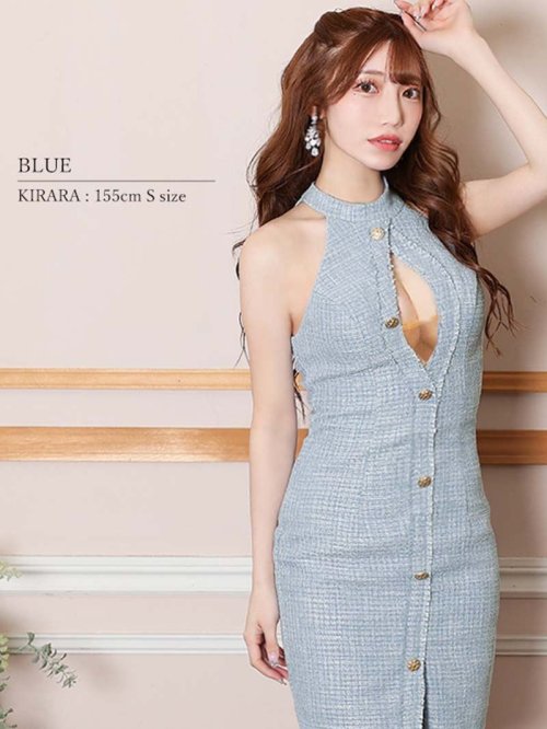 キャバドレス ミニ 谷間 ツイード エロい 高級ブランドドレス エンジェルアール ホルターネック 映え 人気 カラードレス タイト AngelR エンジェルアー エンジェルアール 158cm着用