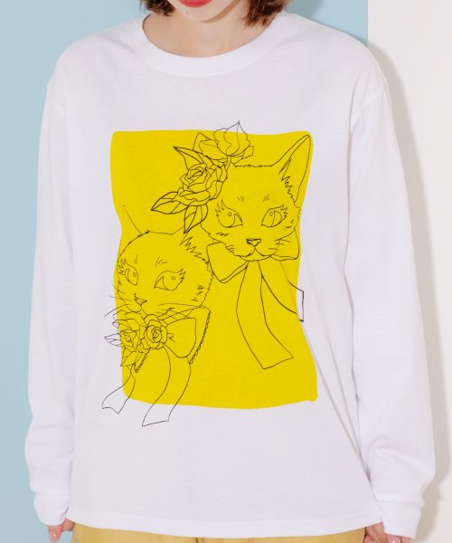ScoLar(スカラー)/花とリボンでおめかしネコプリント ロングスリーブTシャツ/img01
