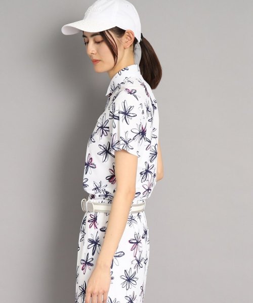 【UVカット/防透け】ラインフラワー柄 半袖ポロシャツ 